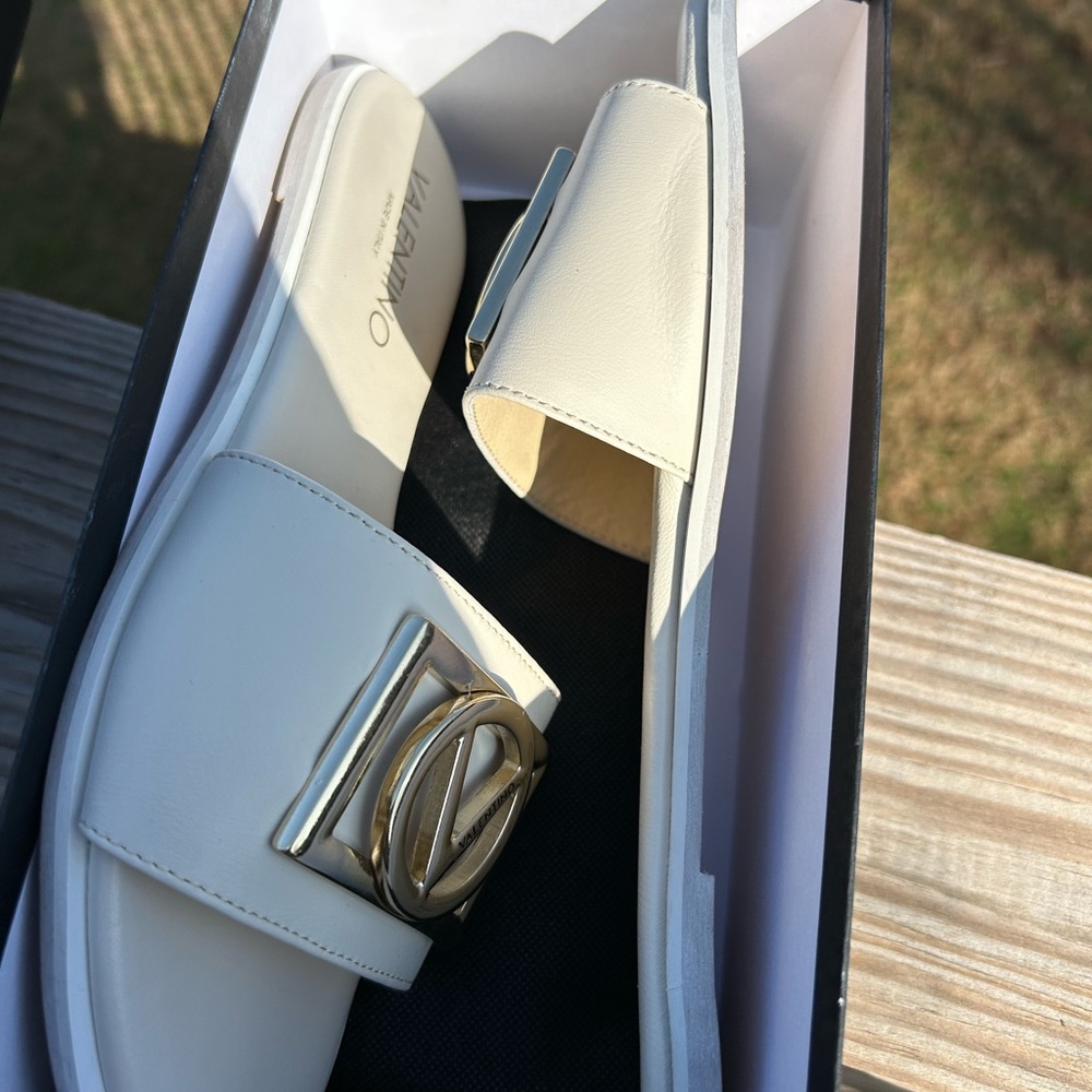 Valentino White Slide Sandals with Gold Logo